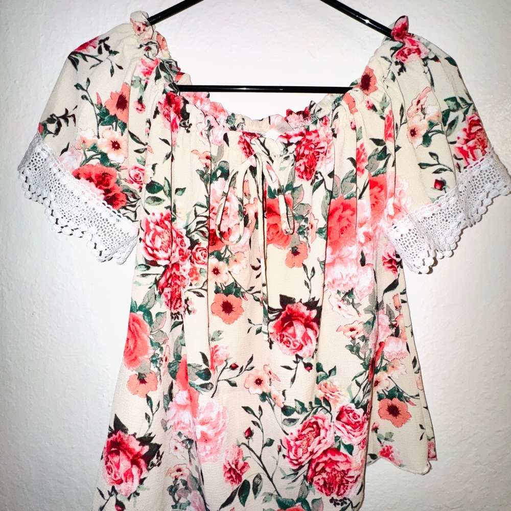 Floral Off-Shoulder Top with Lace Trim